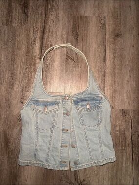 Universal Thread Light Blue Denim Halter Button-Front Top
